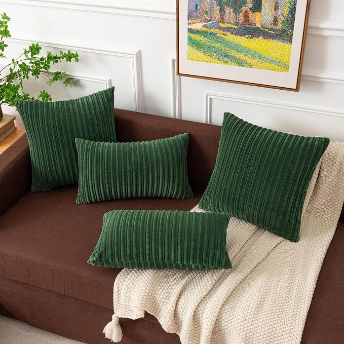 Kevin Textile Striped Corduroy 24”x24” Pillow Covers 2 Pack, Xmas Green
