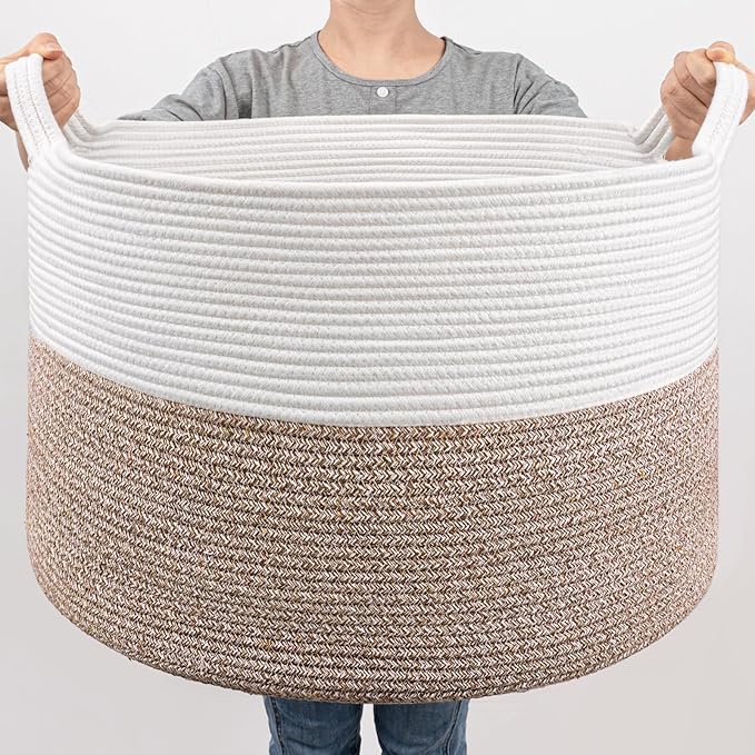 Goodpick Large Woven Blanket Basket Living Room & Playroom, 85L | 21.7 x 21.7 x 13.8 In Storage Basket for Toys Shoes, Cute Baby Laundry Hamper for Towels, Clothes, Mele