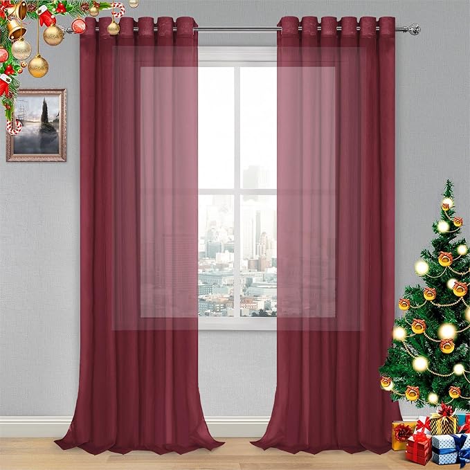 DWCN Sheer Curtains, Faux Linen Grommet Window Curtain Voile Sheer Drapes for Living Room Bedroom Thanksgiving Day & Christmas Decor Set of 2 Panels 70 x 95 Inch Long, Burgundy Red