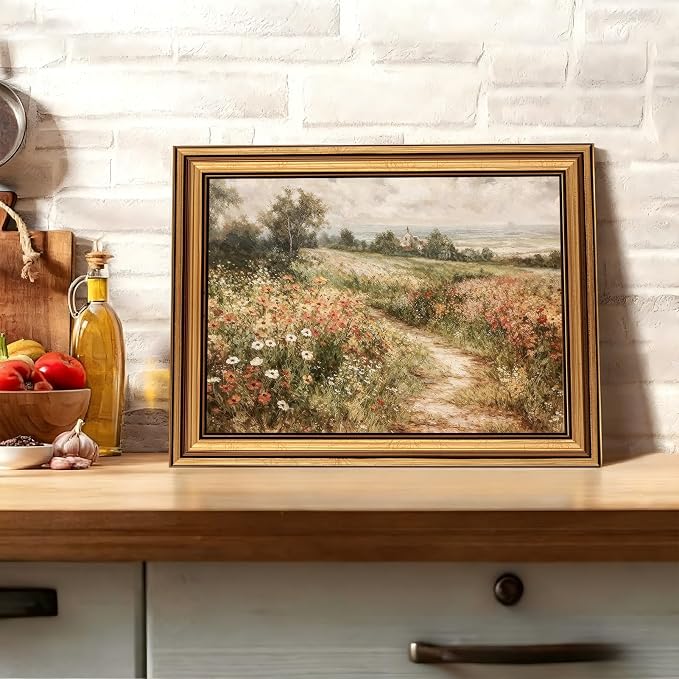 Vintage Gold Framed Wall Art Country Wildflower Field Wall Decor Picture Farmhouse Nature Rustic Cottagecore Landscape Poster Print for Gallery Living Room Bedroom Home Decoration 9x11in