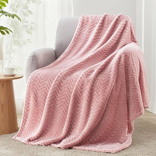 Exclusivo Mezcla Large Fleece Throw Blanket for Couch, Sofa, Pink | 50"x70" Soft Breathable Lightweight Flannel Throws for Summer, Plush Cozy Jacquard Wave Blanket for Home Decor