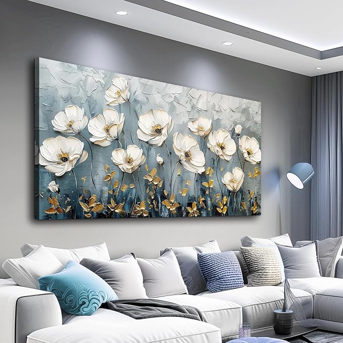 QIYILEXWART Large Wall Decor For Living Room Canvas Wall Art For Office Modern Wall Decorations For Bedroom Textured White Flower Landscape Painting Farmhouse Pictures Artwork Room Home Decor 24x48