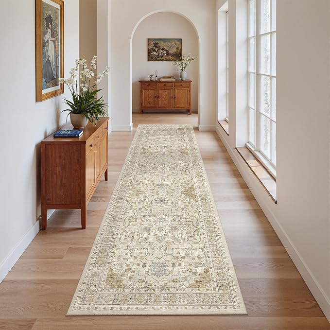 Madane Kitchen Runner Rug 2x7 with Rubber Backing Non Slip, Beige/Blue | Vintage Ultra-Thin Machine Washable Hallway Rugs 7 ft, Soft Low-Pile Throw Carpet Runners for Bedroom Bathroom Laundry Room