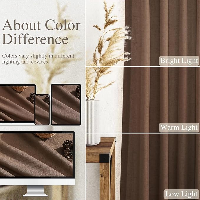 Caramel Brown Linen Curtains for Living Room 95 Inches Long Back Tab and Rod Pocket Light Filtering Semi Sheer Vintage Rustic Curtain Luxury Boho Decor Drapes for Bedroom Office 52x95, 2 Panels