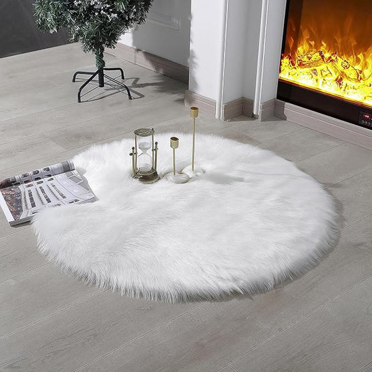linmopm Faux Fur Sheepskin Rug, White, 3x3 ft, Round | Shag Fluffy Fuzzy, High-Density Cushion, For Bedroom Bedside Living Room, Plush Carpet, Sofa Cover