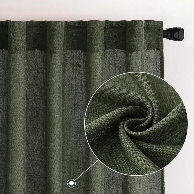 MIULEE Olive Green Linen Curtains 52x84 Inch Length for Bedroom Living Room | Soft Thick Linen Textured Window Drapes, Semi Sheer Light Filtering, Back Tab Rod Pocket,Burlap Look Christmas Decor，2 Panels
