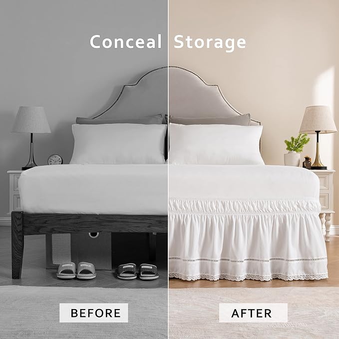 MIYE Wrap Around Ruffled Lace Bed Skirt, Elastic Dust Ruffle with Adjustable Belts, Easy to Put On, Bed Frame Cover, Machine Washable (Floral Lace/White, Full/Twin-15 Drop)