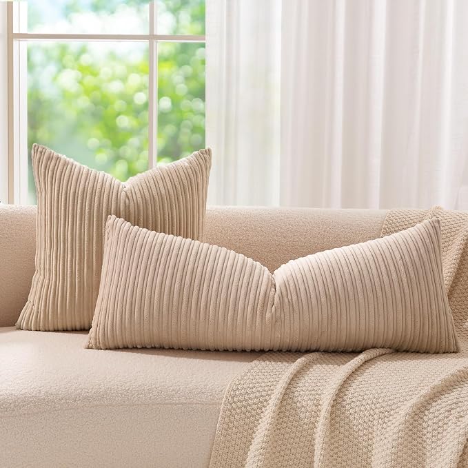 Kevin Textile Striped Corduroy 14”x36” Pillow Cover 1 Pack, Beige