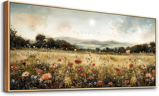 KELIYUAN Large Canvas Wall Art For Kitchen Dining Room Vintage Decor, Lawn Paintings With Flowers Wall Decorations Prints Home Office Living Room Bedroom Restaurant Home Decor 32"X72" Wooden Frame