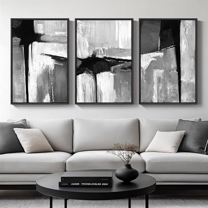 Large Framed Black and White Gray Abstract Wall Art Set, 3 Piece 24x36 Inch | Modern Minimalist Artwork, Gray Abstract Paintings, Neutral Pictures, Canvas Prints, Living Room Bedroom Office Wall Decor