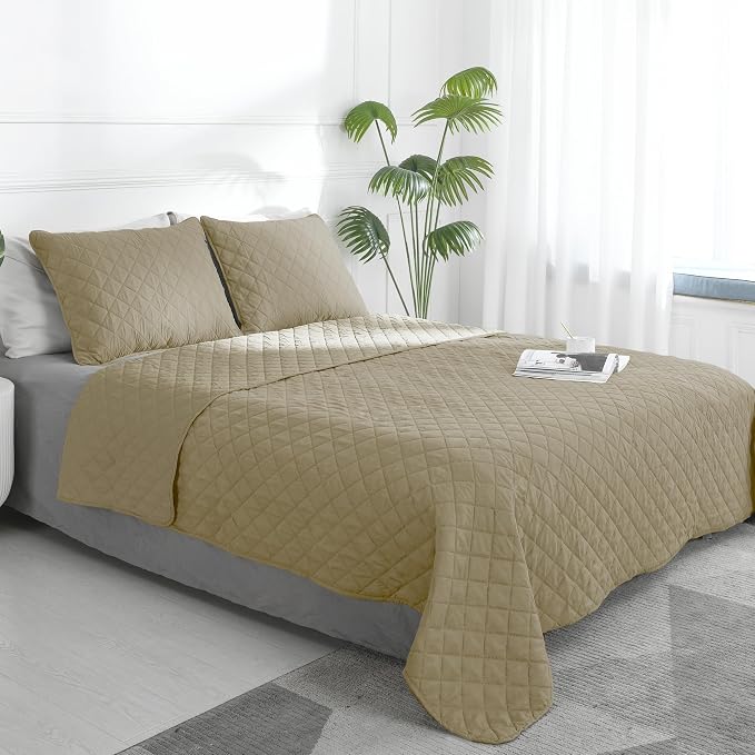 Easy-Going Reversible Quilt Set King, Bedspread with 2 Shams, Beige/Beige | Machine Washable Lightweight Bed Comforter, 1 Quilt + 2 Pillow Shams, All Season Bed Coverlets for Bedroom