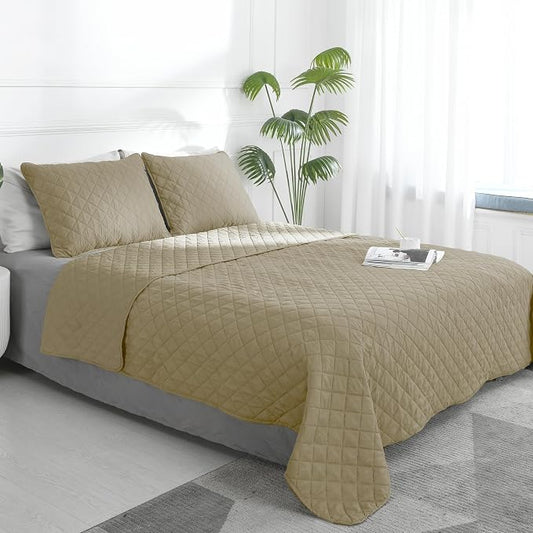 Easy-Going Reversible Quilt Set King, Bedspread with 2 Shams, Beige/Beige | Machine Washable Lightweight Bed Comforter, 1 Quilt + 2 Pillow Shams, All Season Bed Coverlets for Bedroom