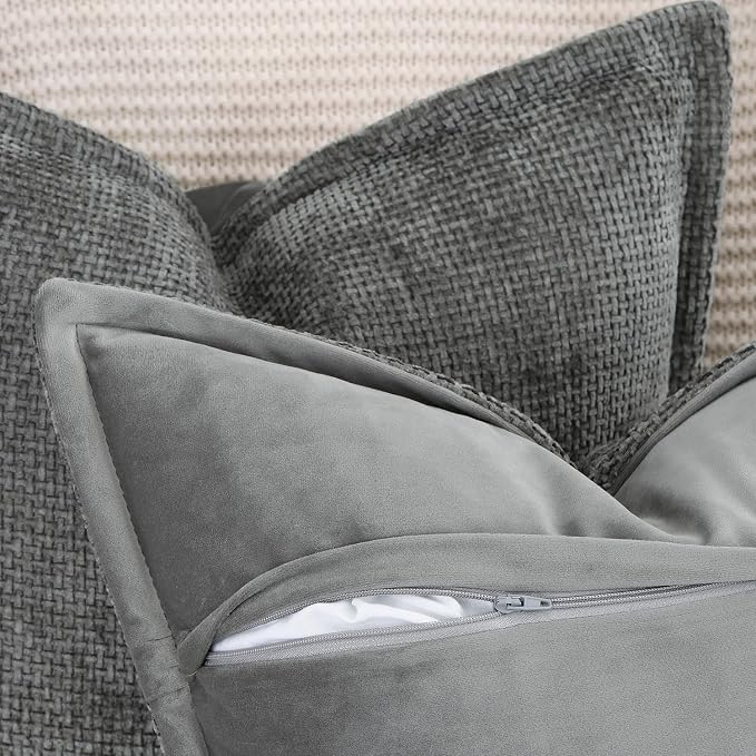 MADIZZ Decorative Chenille Velvet Throw Pillow Covers Set of 2 Soft Boho Textured Neutral Couch Throw Pillow for Bed Modern Farmhouse Home Decor for Sofa Livingroom Dark Grey 20x20 Inch