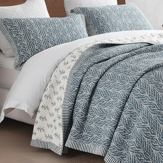 SahSahCasa Quilt Set Queen Size, 100% Cotton Quilt Bedding Set Bedspread, Botanical Pattern Solid Color Chic Lightweight Quilted Comforter for Queen Bed, White/Grayish-Blue, All Season, 3 Pieces