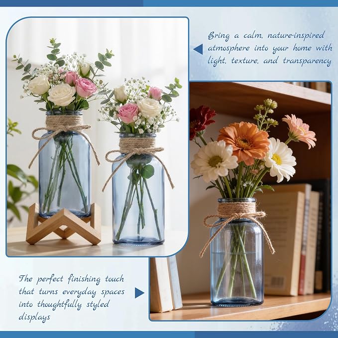 Mason Jar Glass Vases 12 Pack, Blue Flower Vase for Centerpieces | Rustic Farmhouse Home Decor, Bud Vase with Twine, Wedding Table Decoration, Boho Floral Arrangement, Vintage Jars Bulk