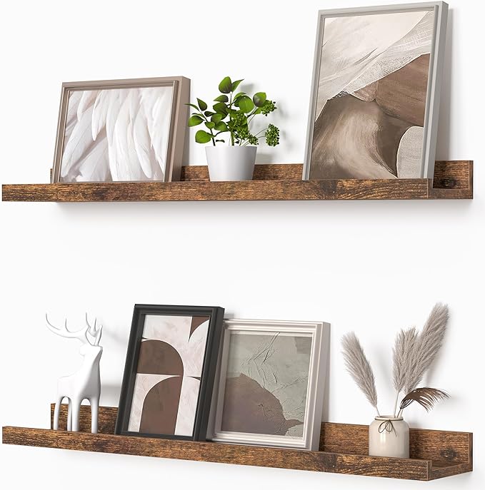 Heimlove Picture Ledge Shelf, Floating Shelves Set of 2, 27.56Inches Picture Shelf for Wall with Ledge, Kids Bookshelf Wall Mounted for Living Room Bedroom Decor Books Photo Frames - Rustic Brown