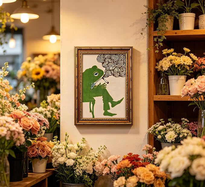 Vintage Gold Framed Bar Wall Art, Funny Green Frog Smoking Canvas Print, Abstract Whimsical Animal Painting Picture, Humor Retro Amphibian Poster Artwork for Kitchen Dining Room Living Room
