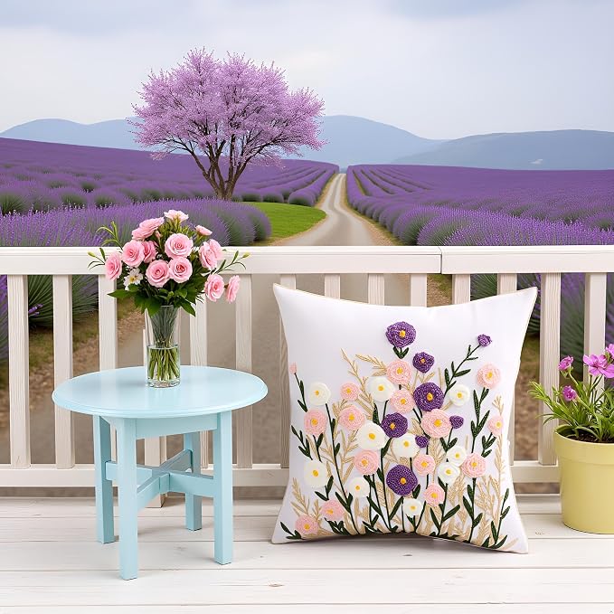 Embroidered Throw Pillow Covers 18x18 Pack of 2 Floral Pillow Covers Farmhouse Pillowcases Outdoor Garden Cushion Case Summer Decorations for Home (Purple and Pink Flower)