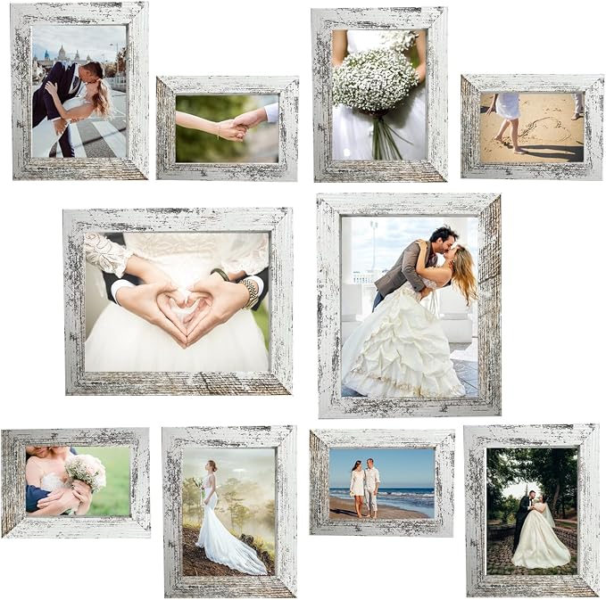 xnlkros Picture Frame Set 10 pack, Farmhouse Photo Frames, Gallery Wall Frame Collage, 8x10 5x7 4x6 Frames in 3 Different Finishes Picture Frames For Wall or Desk,Rustic White