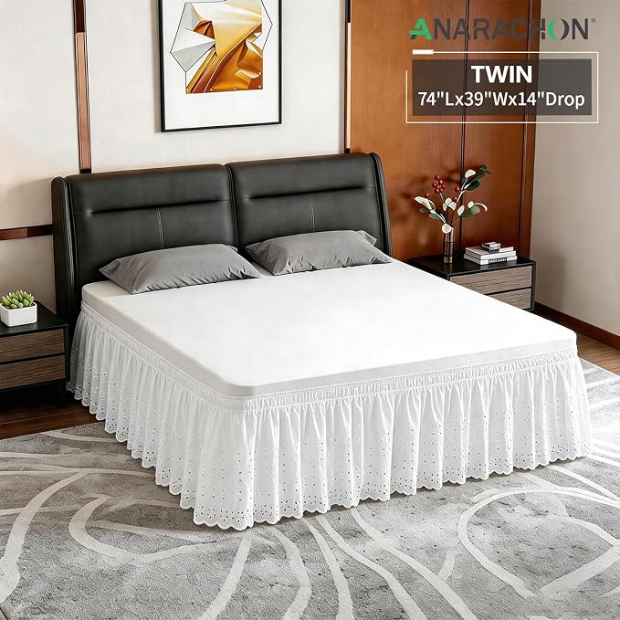 ANARACHON Twin Bed Skirt, Wrap-Around Elastic Ruffled Eyelet Bed Skirt Twin Size Dust Ruffle with Gathered Styling and Embroidered Details, 14" Drop Length (White)