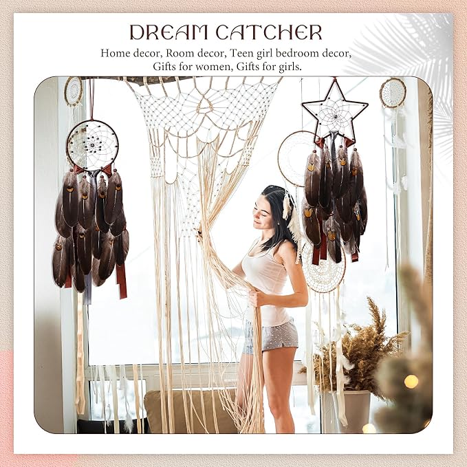 Jetec 3 Pcs Dream Catcher for Girl Star Sun Moon Decor, Brown