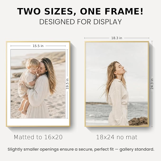 18x24 Poster Frame Gold, Aluminum Metal 18 x 24 Frame with Removable Mat, 18 by 24 Gold Picture Frame Matted to 16x20 Photo, Real Tempered Glass for Home and Office Gallery Wall, 1 Pack