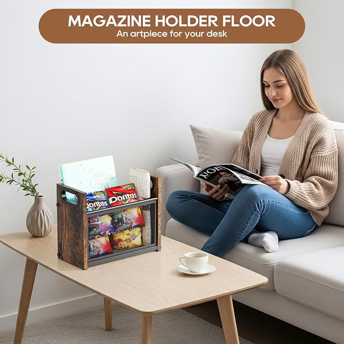 Magazine Holder, Magazine Rack Floor, Rustic Magazine Storage Basket, Farmhouse File Storage Basket Box Bin Folder Organizer Stand for Letters, Magazines, Books, Newspapers