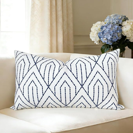 Slow Cow Linen Embroidery Decorative Lumbar Throw Pillow Cover Pillowcase Rectangular Pillow Cover Cushion Cover for Bed Couch Sofa 12 x 20 Inches Navy Blue