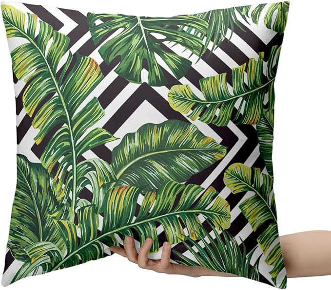 Set of 2 Tropical Green Leaves Pillow Covers Palm Tree Pillowcases Black and White with Geometric Decorative Throw Pillow Cover Kitchen Decor 22x22 Inch for Outdoors Car Couch