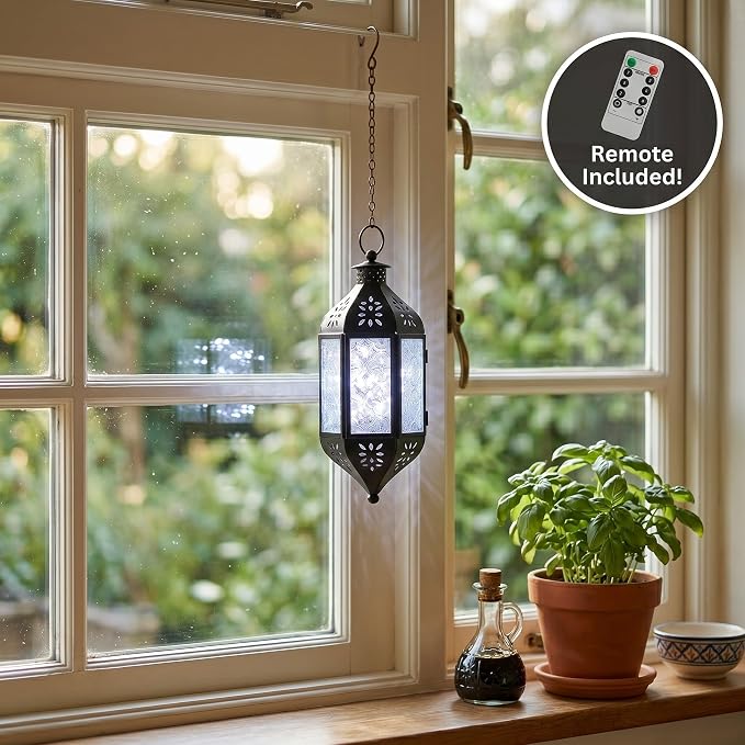 Vela Lanterns Hanging Moroccan Lantern with LED Twinkle Fairy Lights - Exotic Decorative Patio & Porch Decor, Indoor Outdoor Candle Lamp Holder with Chain (13" Large, Clear Glass)