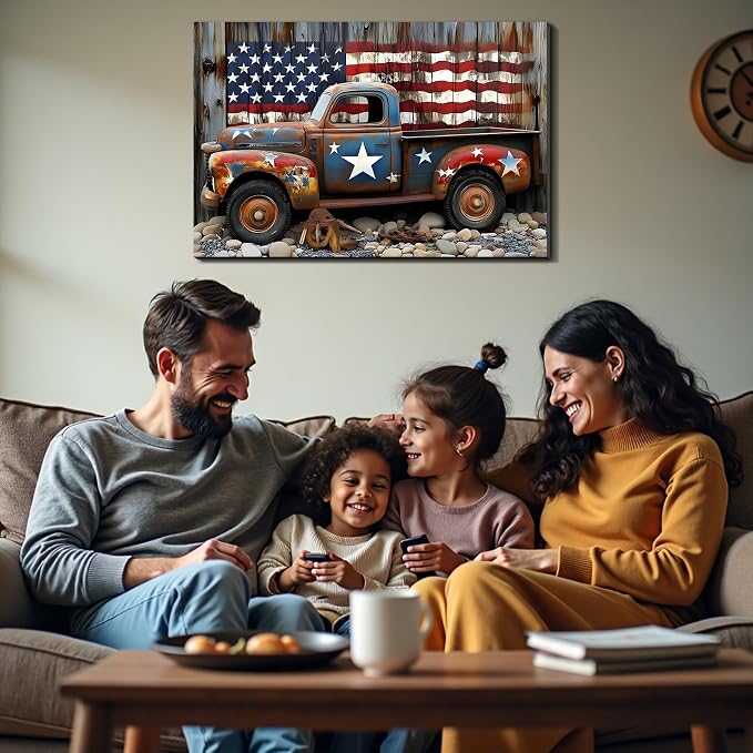 Framed Rustic American Flag Vintage Truck Wall Art, Patriotic Farmhouse Canvas Art Pictures, Distressed USA Wall Decor for Garage Man Cave Living Room, Ready to Hang Made in USA