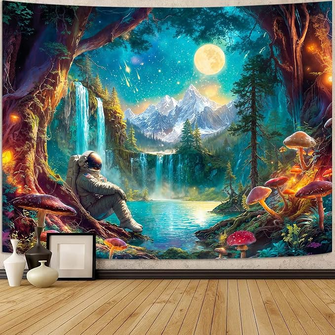 Zussun Mushroom Forest Tapestry Astronaut Nature Waterfull Snow Mountain Tapestry for Bedroom Aesthetic Fairy Moon Landscape Small Tapestries Wall Hanging for Dorm Living Room Decor 60 x 44 Inch