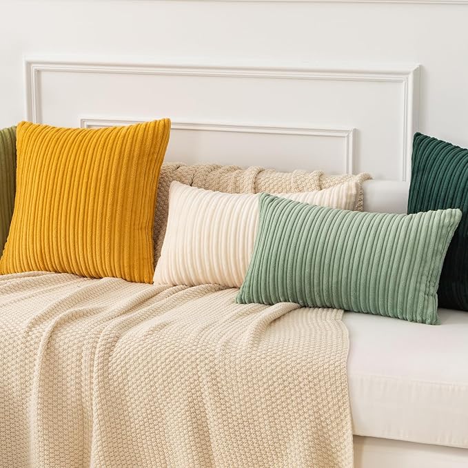 Kevin Textile Striped Corduroy 12”x20” Pillow Covers 2 Pack, Sage Green