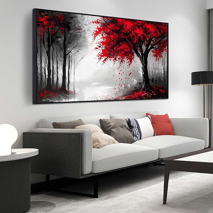 Large Canvas Wall Art for Living Room Black White and Red Tree of Life Print Pictures Painting With Black Wood Framed Wall Decor for Bedroom Modern Home Forest Wall Decorations Artwork Size 30x60 Ready to Hang