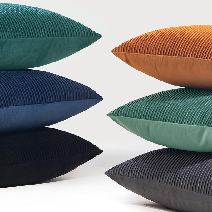 YCOLL Teal Pillow Covers 20x20 Set of 2 Velvet Striped Pattern - Soft Throw Pillows for Home Decor, Luxury Decorative Pillow Covers for Couch, Bed,Living Room