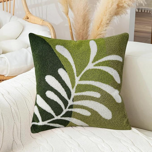 Merrycolor Boho Decorative Throw Pillow Covers 18x18 Tufted Green Decorative Pillows Covers Leaf Mid Century Modern Throw Pillows for Bed Couch Sofa Living Room 1PC （Green and White ）