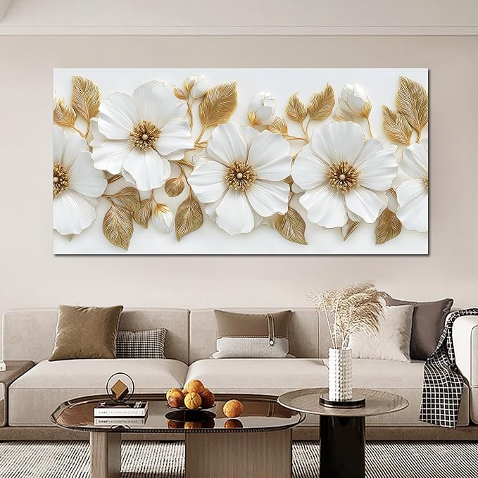 Large Canvas Wall Art for Living Room White and Gold Floral Print Painting wall Decor for Bedroom Office Modern Home Botanical Framed Wall Decorations Artwork Size 30x60 Ready to Hang