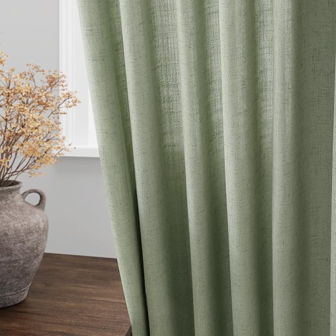 Light Sage Linen Curtains for Living Room 63 Inches Long 2 Panel Set Light Filtering Linen Drapes for Kitchen Windows Rod Pocket Back Tab Short See Through Curtain Country Farmhouse Decor 52x63