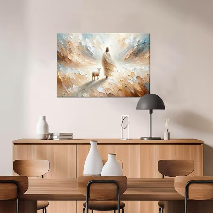 Jesus Leaves the 99 Sheep Canvas Wall Art, Christian Jesus Lamb Wall Decor Painting, The Lost Sheep Bible of Parable Posters Prints for Living & Prayer Room Church Home Decor 24x36 In Framed