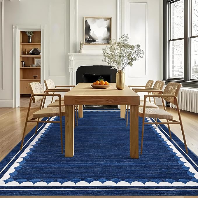 COZYLOOM 5x7 Living Room Rugs Washable Bedroom Rug Non Slip Stain Resistant Modern Bordered Rug Non Shedding Low Pile Carpet Foldable Thin Neutral Mats for Dining Room, Office, Blue