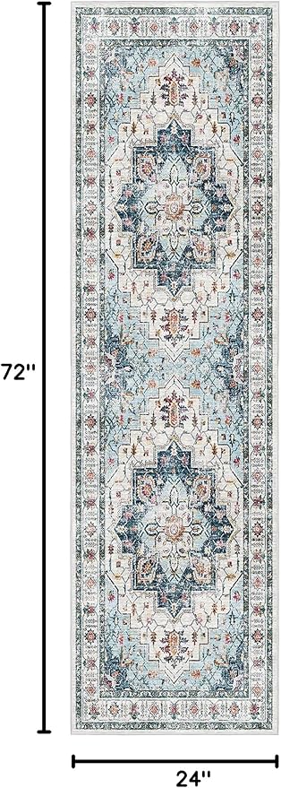 Madane Washable Runner Rug 2x6 Runners for Hallways Non Slip, Blue | Vintage Stain-Resistant 6 Feet Kitchen Rug, Soft Low-Pile Ultra-Thin Floor Carpet Mat for Bathroom Laundry Room Bedroom 2x6ft