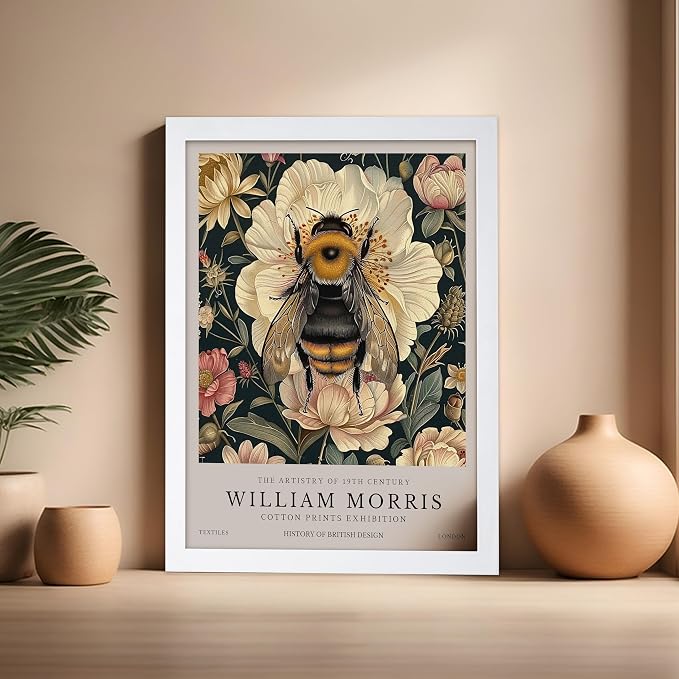 Poster Master William Morris Poster - Bumble Bee Print - Flower Art - Botanical Art - Exhibition Illustration - Animal Illustration - Floral Painting - Bee Artwork - Aesthetic Office or Bedroom Decor - 16x20 White Framed