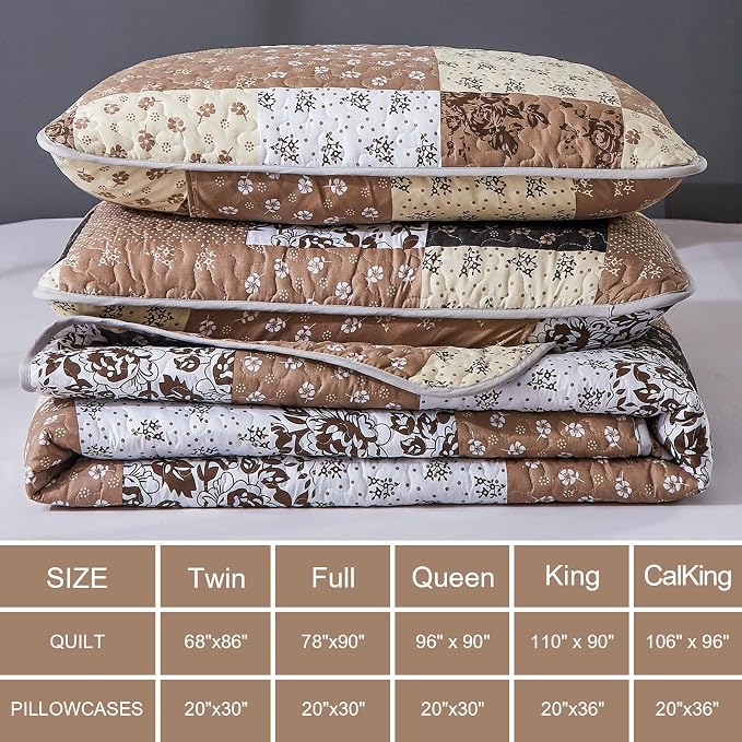 Mybedsoul Brown Quilt Set Twin Size Dorm Bedding, Patchwork Bedding Set | Soft Lightweight Microfiber Floral Coverlet Set, 2 Pieces Plaid Reversible Bedspread, Bed Sets for All Seasons 68"x86"