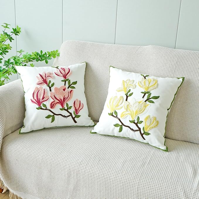 vctops Farmhouse Magnolia Flower Cotton Tufted Throw Pillow Cover Spring Floral Embroidery Pillowcase Soft Square Cushion Case for Sofa Couch Bed Chair (Yellow E,18"x18")