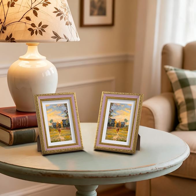 eletecpro 5x7 Vintage Picture Frame, Glass Cover, Pink Gold, 2-Pack