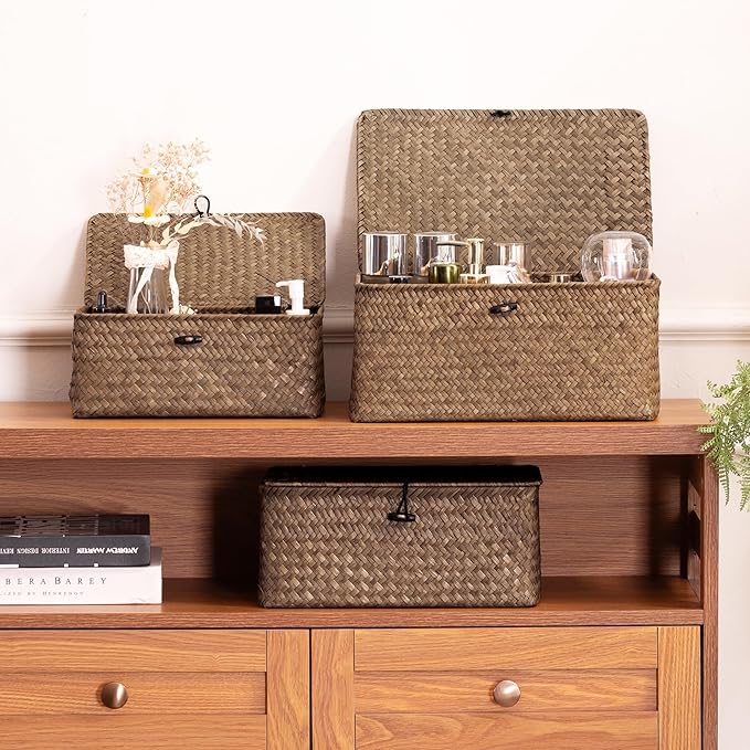 Nonam Small Wicker Basket with Lid,Seagrass Shelf Storage Basket,Coffee | Basket Container for Organizing, Boho Decorative Basket, Rectangular Household Storage Boxes for Home Organization