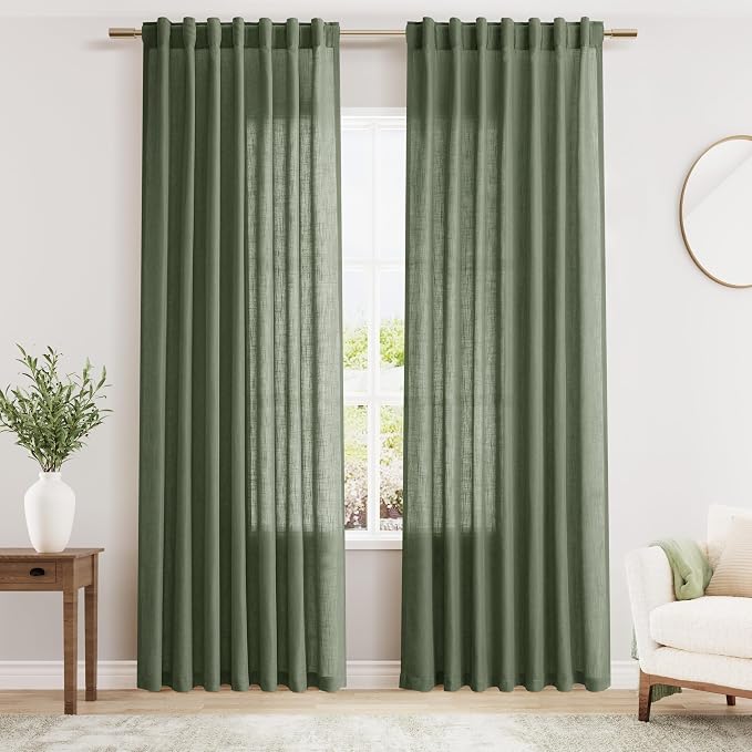 Olive Green Linen Blend Semi Sheer Light Filtering Curtains 86 Inches Long 2 Panel Set Pocket Back Tab Privacy Home Decor Curtain Drapes for Bedroom Living Room 52x86