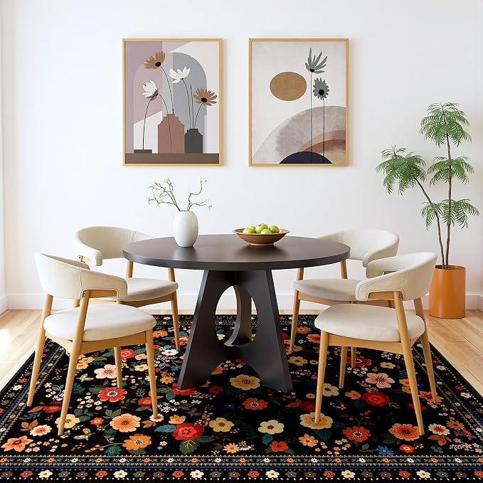 Washable Floral Area Rug for Living Room 8x10 Black | Non-Slip，Vacuum-Friendly, Low Pile, Flower Carpet for Bedroom Kitchen Entryway Dining Room Office Nursery