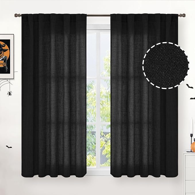 YoungsTex Black Linen Semi Sheer Curtains 45 Inches Long 2 Panels | Short Light Filtering Drapes with Back Tab Rod Pocket Gothic Decorative for Bedroom Living Room Window, 42 X 45 Inch