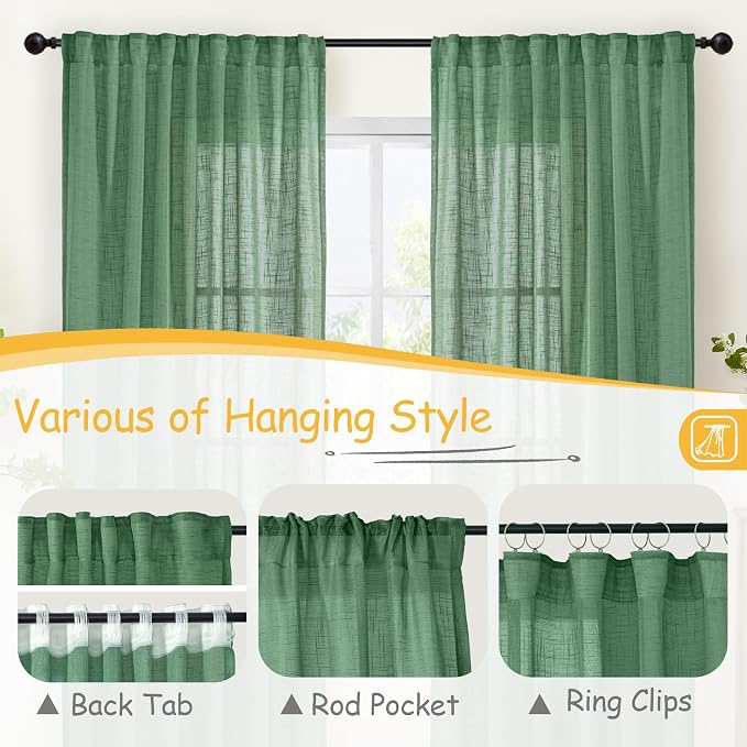 YoungsTex Green Linen Semi Sheer Curtains 63 Inch Length - Short Light Filtering Drapes with Back Tab Rod Pocket Lightweight for Living Room Window, 2 Panels, 42 X 63 Inch